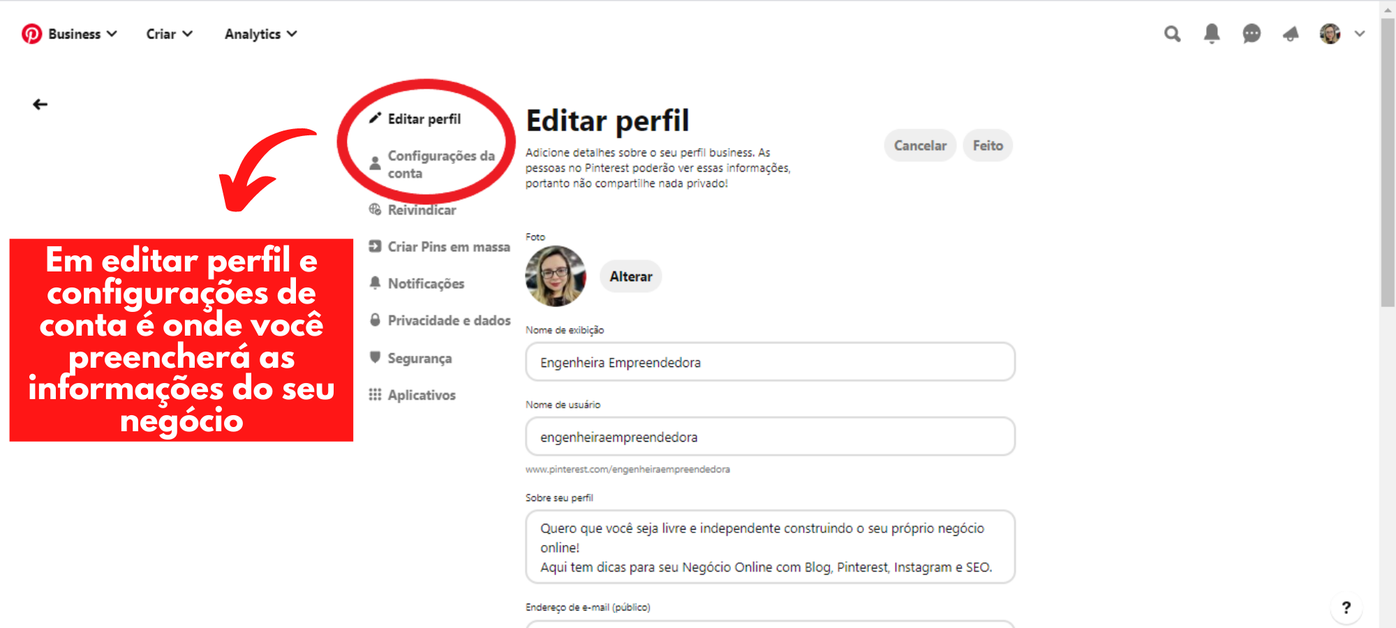Editar perfil e informações de perfil no Pinterest Business