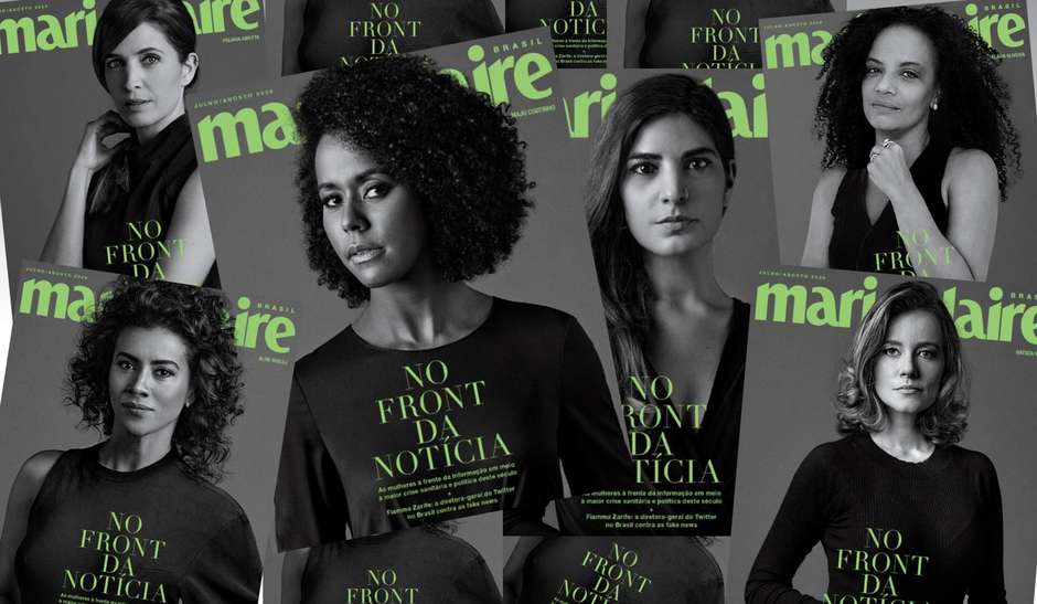 Reunião de capas da edição especial da Revista Marie Claire em homenagem às mulheres da imprensa brasileira.